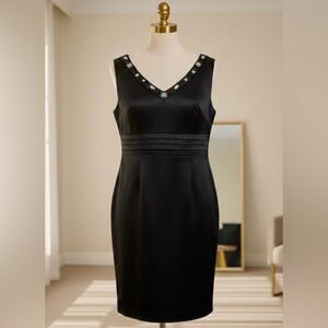 RW&CO.| Black Satin Cocktail Event Dress with Sparkling Gem Rhinestones Sz 12